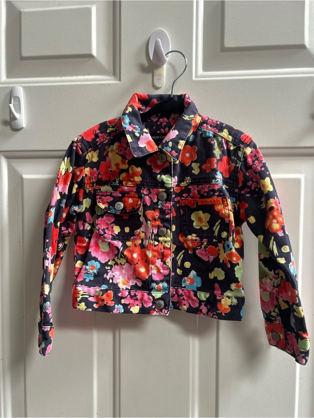 Ralph Lauren Black Floral Print Denim Jacket with Bright Blooms Sz 4T